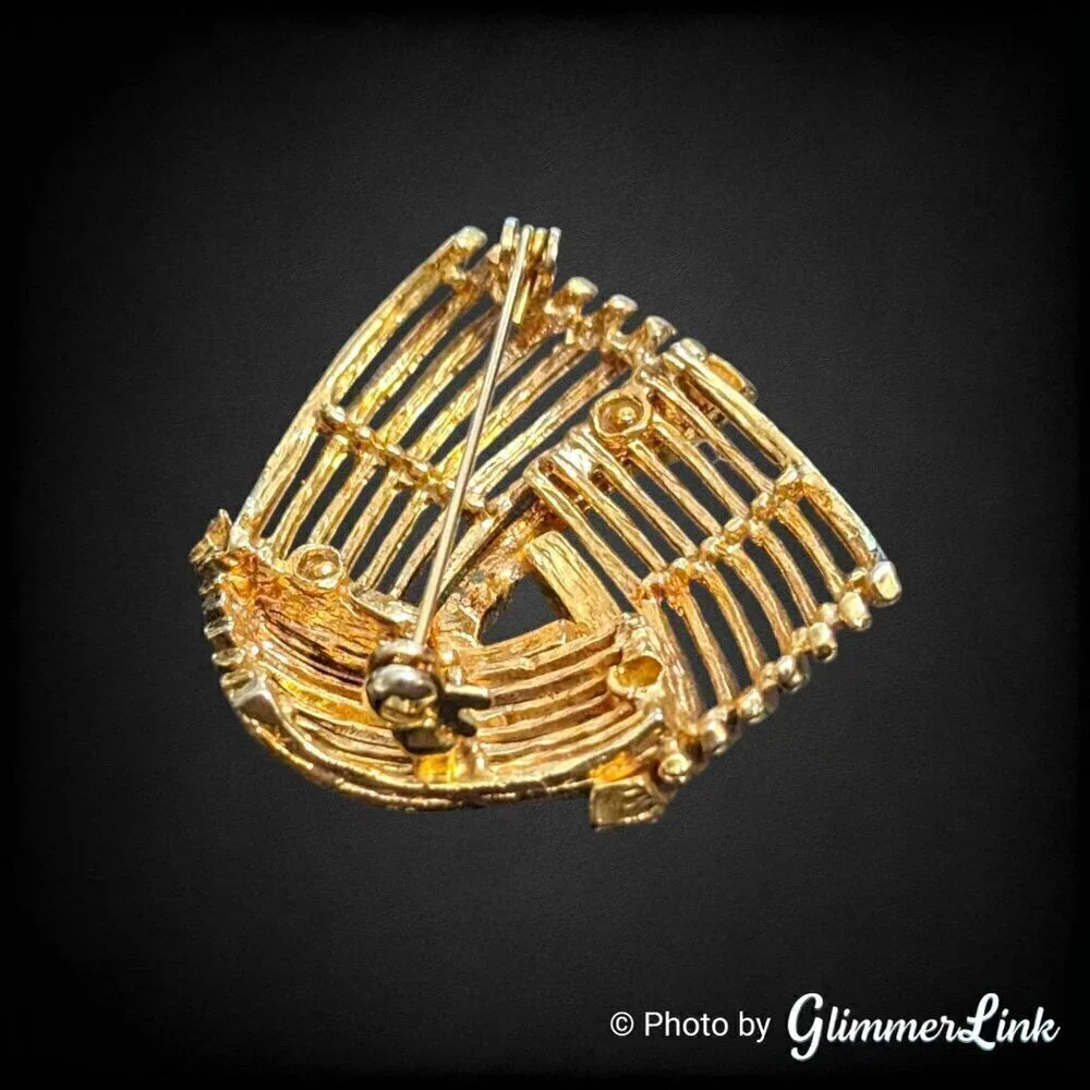 Vintage Striped Openwork Abstract Knot Rhinestone Large Gold Tone Brooch Pin